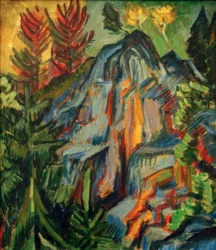 Landschaft mit blauen Felsen und Wasserfall
